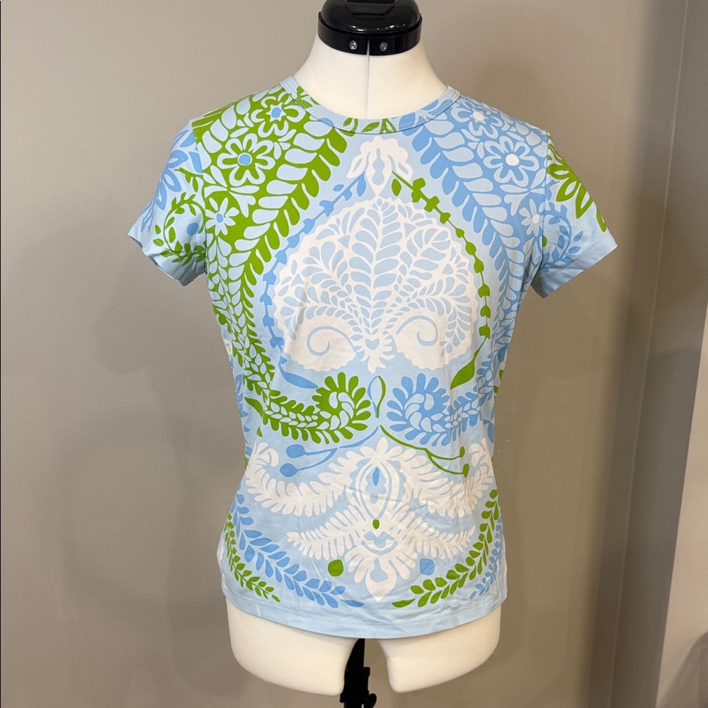 J McLaughlin blue garden/floral print stretchy green and white detailed shirt